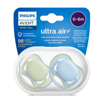 Avent Ultra Air Pacifier - 0-6m - Pastel Green + Celestial Blue - 2 pack