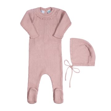 FELTMAN BROTHERS RUFFLED RIBBED ROMPER WITH HAT MAUVE