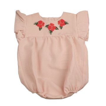Belati STRIPED SEERSUCKER ROMPER WITH BIG CROSS STITCH FLOWER EMBROIDERY