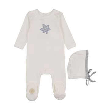 Mon Tresor Blooming Leaf Footie & Hat Set Ivory/Blue