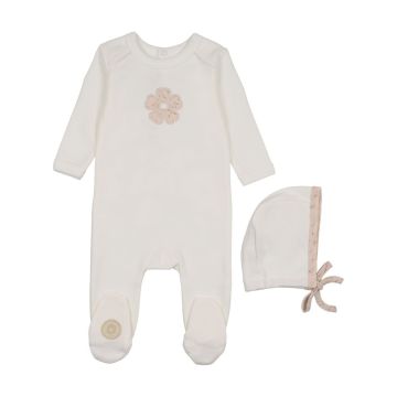 Mon Tresor Blooming Rose Footie/Hat Set Ivory/Pink