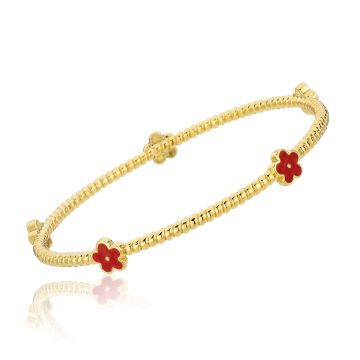 Twin Stars 14K Gold Plated Rope Bangle With Red Enamel Flowers
