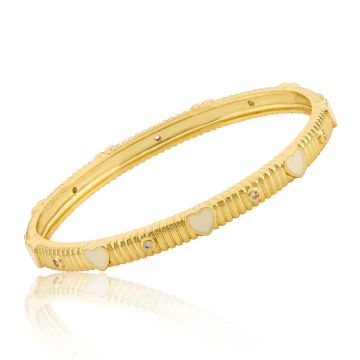  Twin Stars 14k Gold Plated Ribbed Bangle With White enamel Hearts