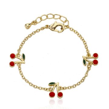 Twin Stars Little Miss Flower Girl 14K Gold Plated Enamel Cherries Braclete 