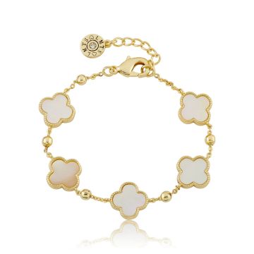Twin Stars 14K Gold Plated 4 Clover Station Bead Chain Bracelet Mother of Pearl