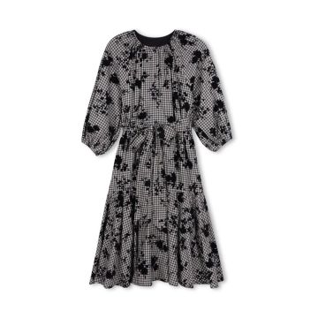Minimal Checked And Velvet Floral Printed Dress