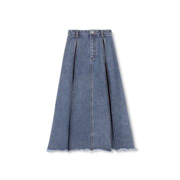 Vibe Wide Pleated Denim Front Fly Midi Skirt