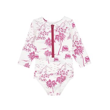 Water Club Toile Print Half Zip Swimsuit Pink