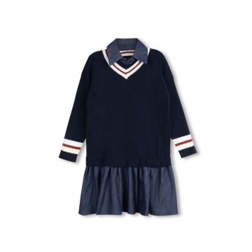 Hello Yellow Cable Knit Striped Trim Dress 