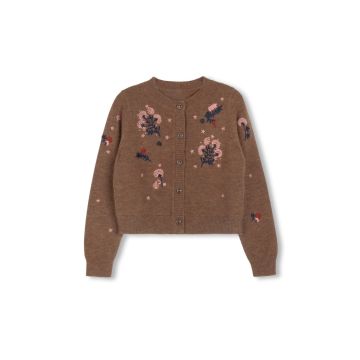 Lilou Harry Embroidered Beaded Knit Cardigan Camel