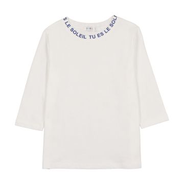 Coco Blanc Crew Neck Tee (3/4 sleeve) - White W/ Blue Coco Blanc Crew Neck Tee (3/4 sleeve) - White W/ Blue