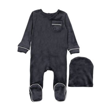 Cuddle and Coo Velour White Trim Stretchie with Hat