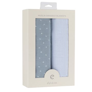 Ely & Co Two pack Muslin Swaddles Blue Leaf/Stripes