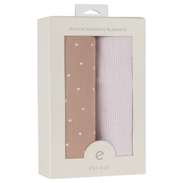 Ely & Co Two pack Muslin Swaddles Mauve Tulip/Stripes