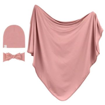 Ely's & Co Swaddle Blanket + beanie & bow headbands - dusty rose