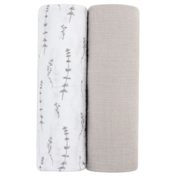 Ely's & Co 2 Pack Forest Grey Delicate Leaves + Solid Pebble Grey Muslin