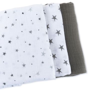 Ely's & Co Muslin Swaddle Blanket 3 Pack - Star Print grey