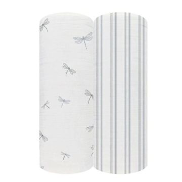 Elys and Co Two Pack Muslin Swaddles - Blue Dragonflies + Stripes