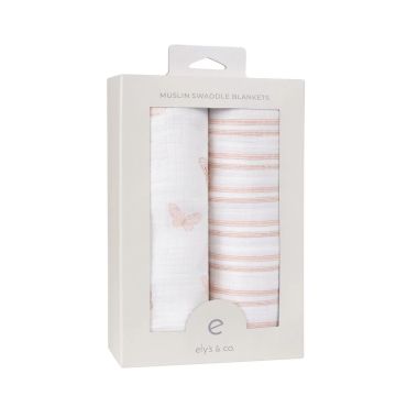 Elys and Co Two Pack Muslin Swaddles - Pink Butterflies + Stripes