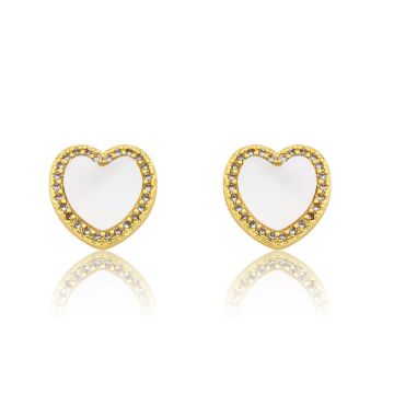Twin Stars 14k Gold Plated Mother Of Pearl 10mm Heart Accented With cz frame Stud Earring