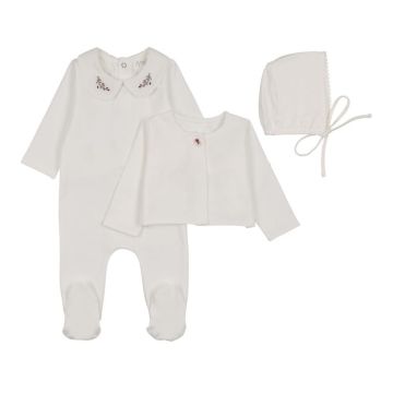 Peluche White Footie/Cardi Set with Berry Emb Collar