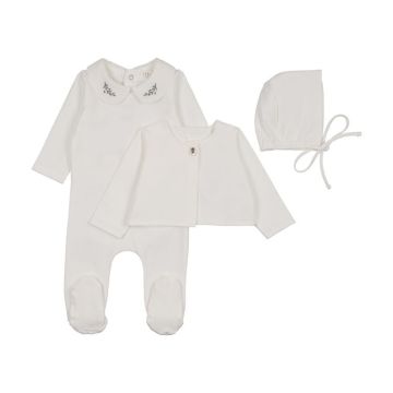 Peluche White Footie/Cardi Set with Olive Emb Collar