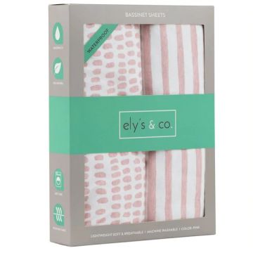 Ely's & Co Waterproof Bassinet Sheet Set Cotton 2 Pack - Stripes and Splash Pink
