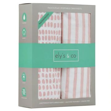 Ely's & Co Waterproof Pack n Play Sheet Set - Stripes and Splash Pink