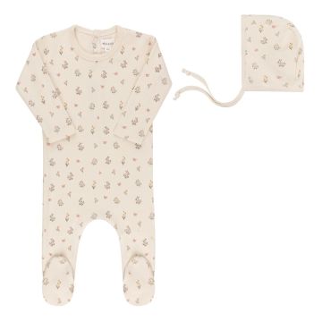Elys and Co Garden Floral Print Collection Ivory Girl Footie + Bonnet