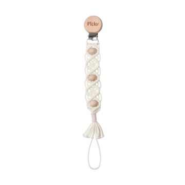 Picky Macrame Pacifier Clip With Wood Beads -Pink Trim