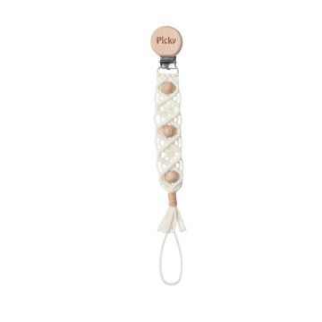 Picky Macrame Pacifier Clip With Wood Beads -Beige Trim