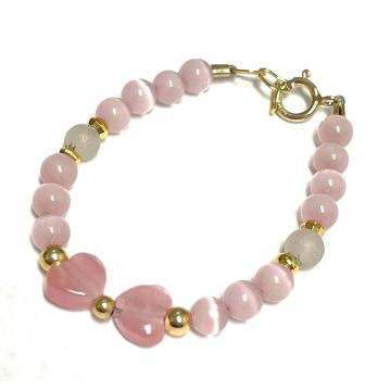 My little Jewel Pink cats eye bow and pink cats eye beads with white c/e in gold bracelet