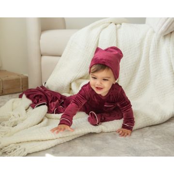 Cuddle and Coo Velour White Trim Stretchie with Hat