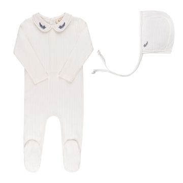 Ely's and Co Organic Embroidered Collar Collection ivory Leaf Footie + Bonnet
