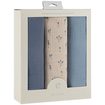Elys and Co Three Pack Muslin Swaddles - Blue Bluebell