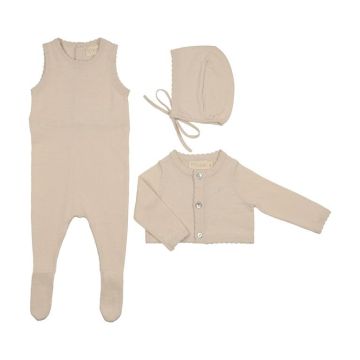 Peluche Knit Jumpsuit/Cropped Cardigan/ Bonnet Set