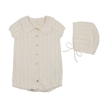 Lilette Crochet Knit Girls Romper and Bonnet Set