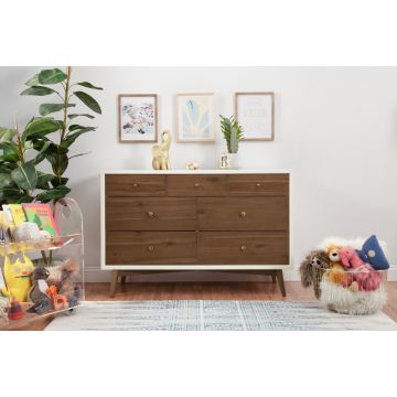 Babyletto Palma 7-Drawer Double Dresser, Assembled in Warm White with Natural Walnut
