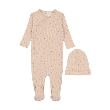 Mema Knits Printed Side Snap Footie + Beanie