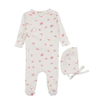 Mema Knits Pointelle Floral Side Snap Footie + Bonnet