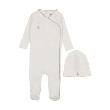 Mema Knits Embroidered Picot Edge Footie + Beanie