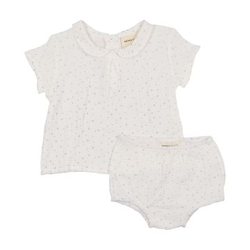 Mema Knits Gauze Peter Pan Collared Shirt + Bloomer Winter White/Faded Denim
