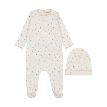 Mema Knits Polka Dot Floral Print Footie + Beanie