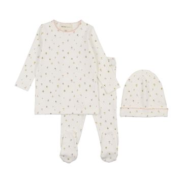 Mema Knits Polka Dot Floral Print 2 pc Set + Beanie