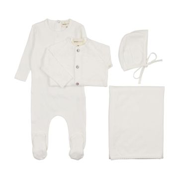 Mema Knits Pointelle Footie + Slub cardigan 4pc Set