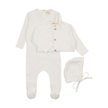 Mema Knits Pointelle Footie + Slub Cardigan + Beanie