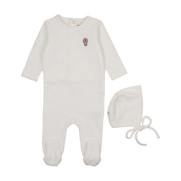 Mema Knits Ribbed Velour Embroidered Footie + Bonnet 