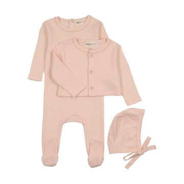 Mema Knits Pointelle Footie and Cardigan Set+Bonnet 