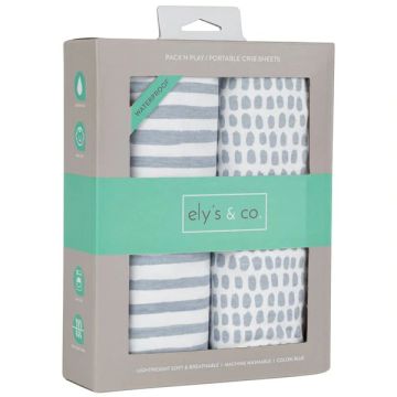 Ely's & Co Waterproof Pack n Play Sheet Set Cotton 2 Pack - Stripes and Splash Blue