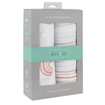 Ely's & Co 2 Pack Cotton Muslin Swaddle Set - Pink Rainbow + Stripes